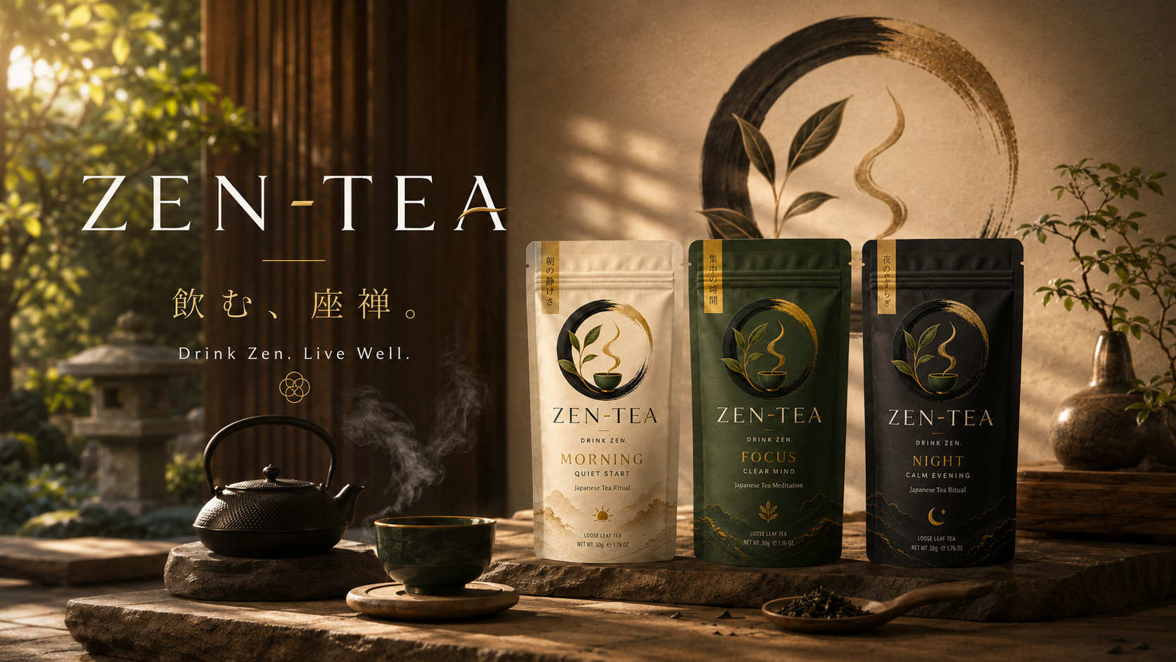 ZEN-TEA 3種セットと茶器が置かれた上質な茶室のシーン
